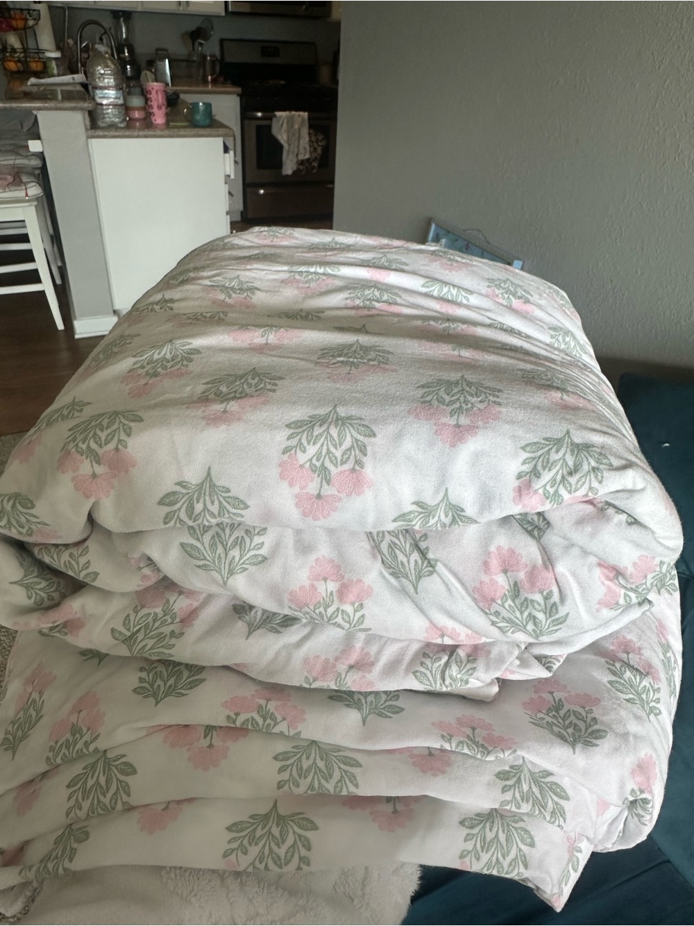 Cotton Floral Print sheet set - White with Pink & Sage Green.